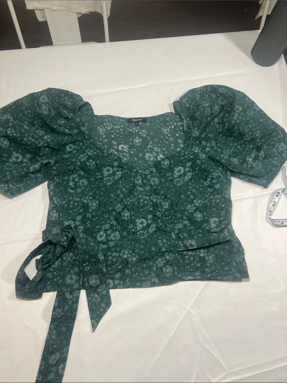 Madewell Emerald Green Floral Wrap Puff Sleeve Blouse
